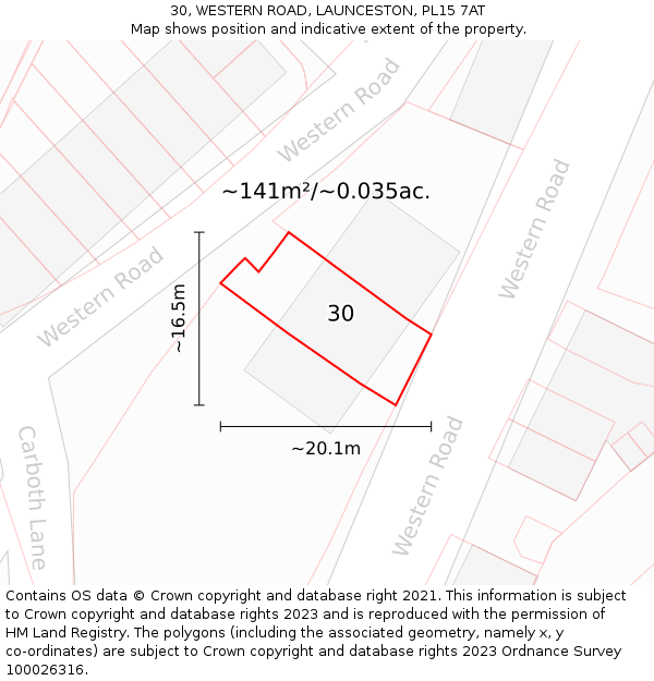 30, WESTERN ROAD, LAUNCESTON, PL15 7AT: Plot and title map