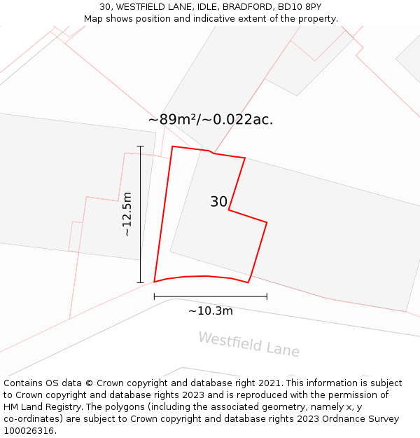 30, WESTFIELD LANE, IDLE, BRADFORD, BD10 8PY: Plot and title map