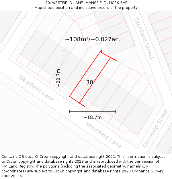 30, WESTFIELD LANE, MANSFIELD, NG19 6AE: Plot and title map