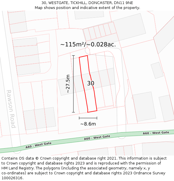 30, WESTGATE, TICKHILL, DONCASTER, DN11 9NE: Plot and title map