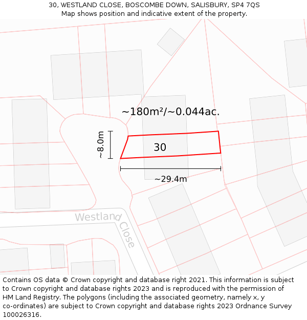 30, WESTLAND CLOSE, BOSCOMBE DOWN, SALISBURY, SP4 7QS: Plot and title map