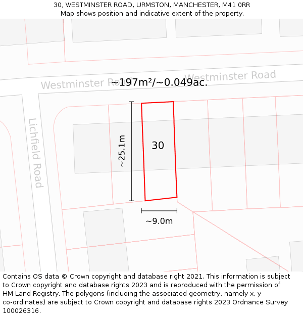 30, WESTMINSTER ROAD, URMSTON, MANCHESTER, M41 0RR: Plot and title map