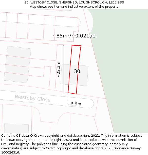 30, WESTOBY CLOSE, SHEPSHED, LOUGHBOROUGH, LE12 9SS: Plot and title map