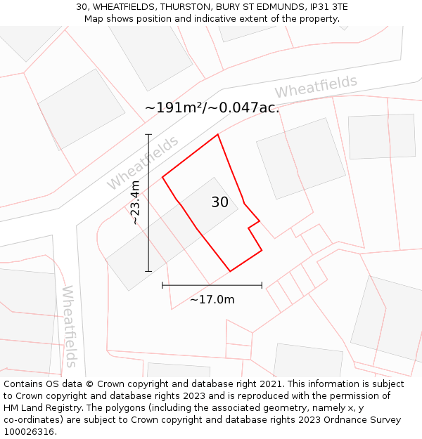 30, WHEATFIELDS, THURSTON, BURY ST EDMUNDS, IP31 3TE: Plot and title map