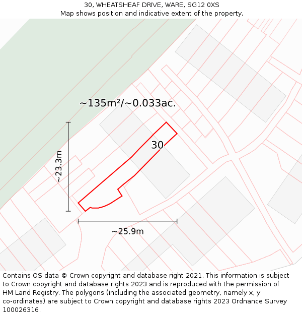 30, WHEATSHEAF DRIVE, WARE, SG12 0XS: Plot and title map
