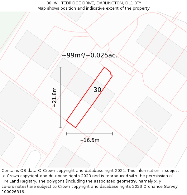 30, WHITEBRIDGE DRIVE, DARLINGTON, DL1 3TY: Plot and title map