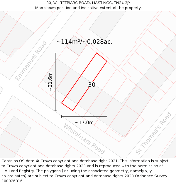 30, WHITEFRIARS ROAD, HASTINGS, TN34 3JY: Plot and title map