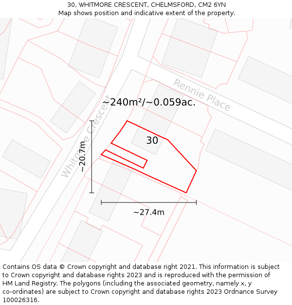 30, WHITMORE CRESCENT, CHELMSFORD, CM2 6YN: Plot and title map