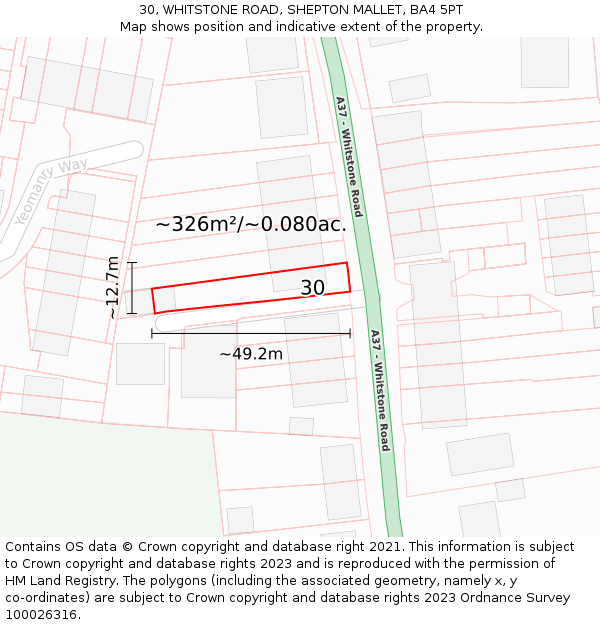 30, WHITSTONE ROAD, SHEPTON MALLET, BA4 5PT: Plot and title map