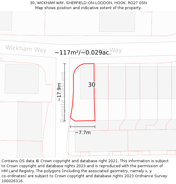 30, WICKHAM WAY, SHERFIELD-ON-LODDON, HOOK, RG27 0SN: Plot and title map