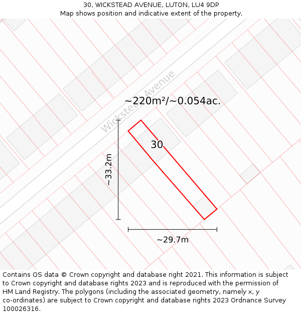 30, WICKSTEAD AVENUE, LUTON, LU4 9DP: Plot and title map