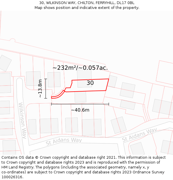 30, WILKINSON WAY, CHILTON, FERRYHILL, DL17 0BL: Plot and title map