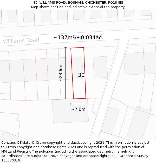 30, WILLIAMS ROAD, BOSHAM, CHICHESTER, PO18 8JS: Plot and title map