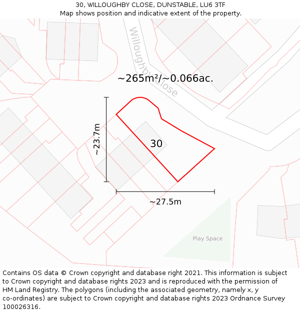 30, WILLOUGHBY CLOSE, DUNSTABLE, LU6 3TF: Plot and title map