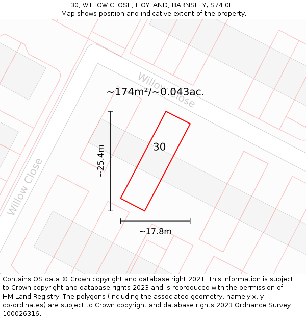 30, WILLOW CLOSE, HOYLAND, BARNSLEY, S74 0EL: Plot and title map