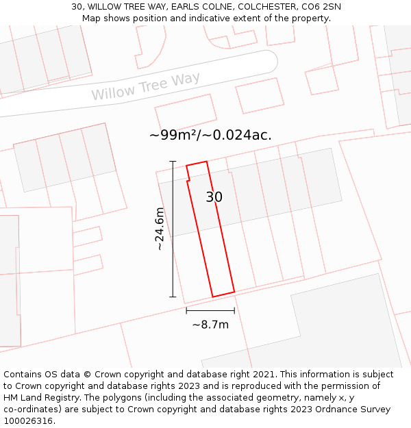 30, WILLOW TREE WAY, EARLS COLNE, COLCHESTER, CO6 2SN: Plot and title map