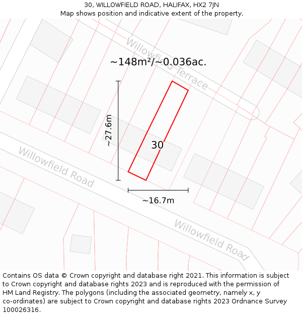 30, WILLOWFIELD ROAD, HALIFAX, HX2 7JN: Plot and title map
