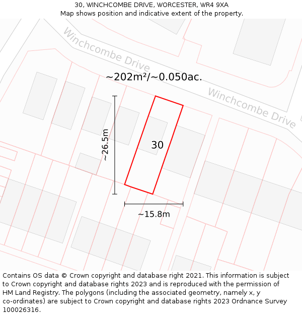 30, WINCHCOMBE DRIVE, WORCESTER, WR4 9XA: Plot and title map