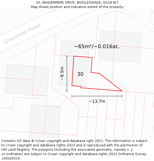 30, WINDERMERE DRIVE, BIGGLESWADE, SG18 8LT: Plot and title map
