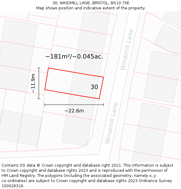 30, WINDMILL LANE, BRISTOL, BS10 7XE: Plot and title map