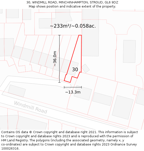 30, WINDMILL ROAD, MINCHINHAMPTON, STROUD, GL6 9DZ: Plot and title map