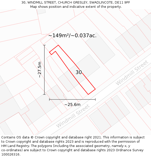 30, WINDMILL STREET, CHURCH GRESLEY, SWADLINCOTE, DE11 9PF: Plot and title map
