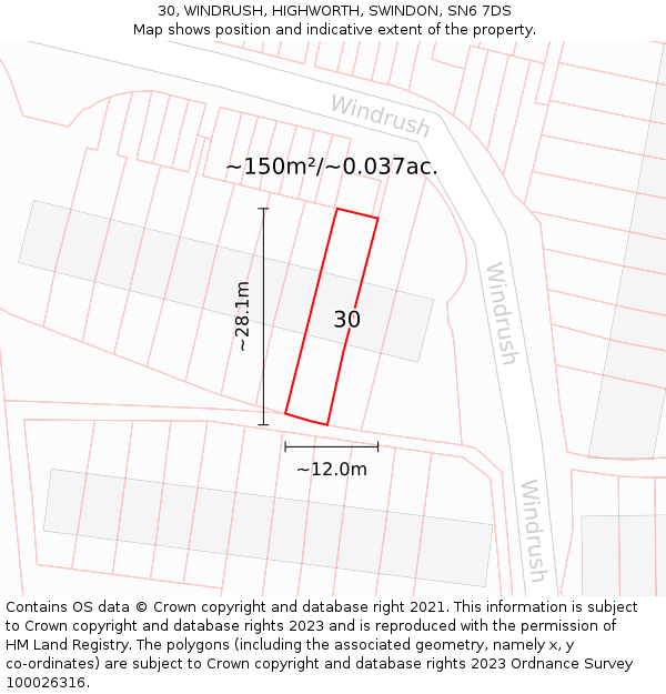 30, WINDRUSH, HIGHWORTH, SWINDON, SN6 7DS: Plot and title map
