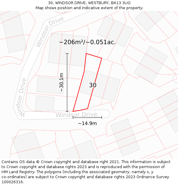 30, WINDSOR DRIVE, WESTBURY, BA13 3UG: Plot and title map