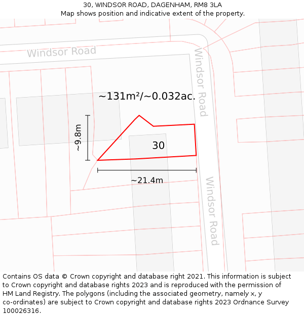 30, WINDSOR ROAD, DAGENHAM, RM8 3LA: Plot and title map