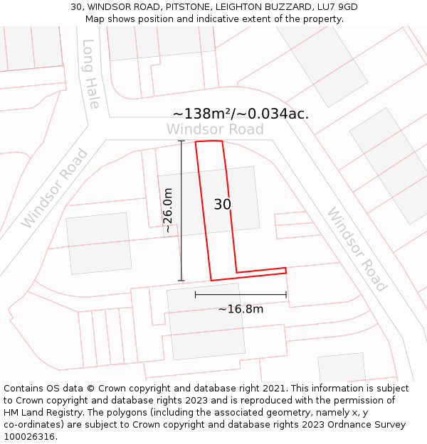 30, WINDSOR ROAD, PITSTONE, LEIGHTON BUZZARD, LU7 9GD: Plot and title map