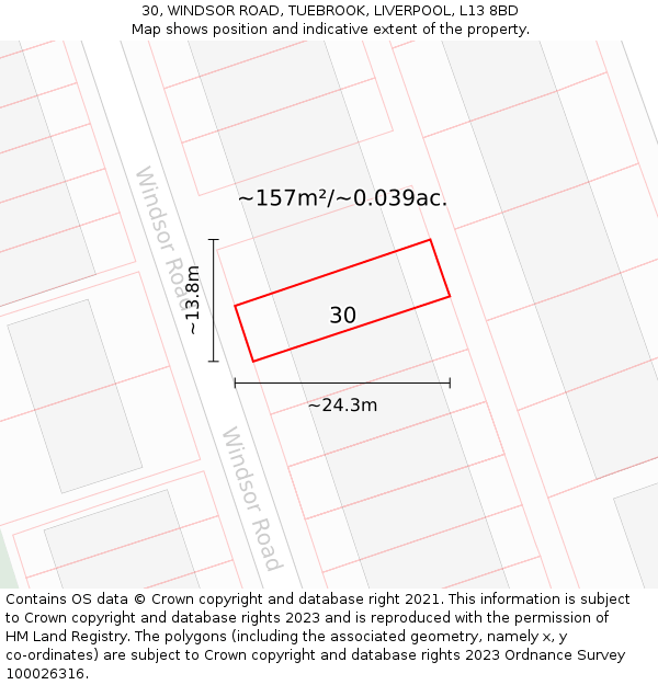 30, WINDSOR ROAD, TUEBROOK, LIVERPOOL, L13 8BD: Plot and title map