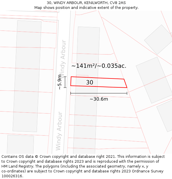 30, WINDY ARBOUR, KENILWORTH, CV8 2AS: Plot and title map