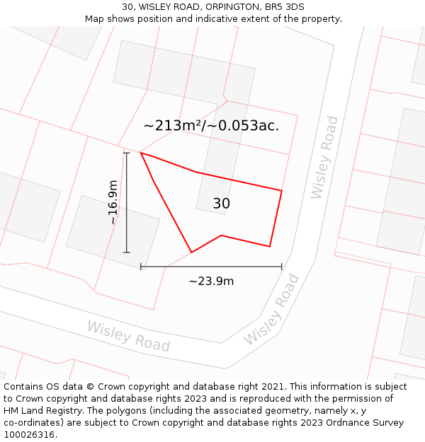 30, WISLEY ROAD, ORPINGTON, BR5 3DS: Plot and title map