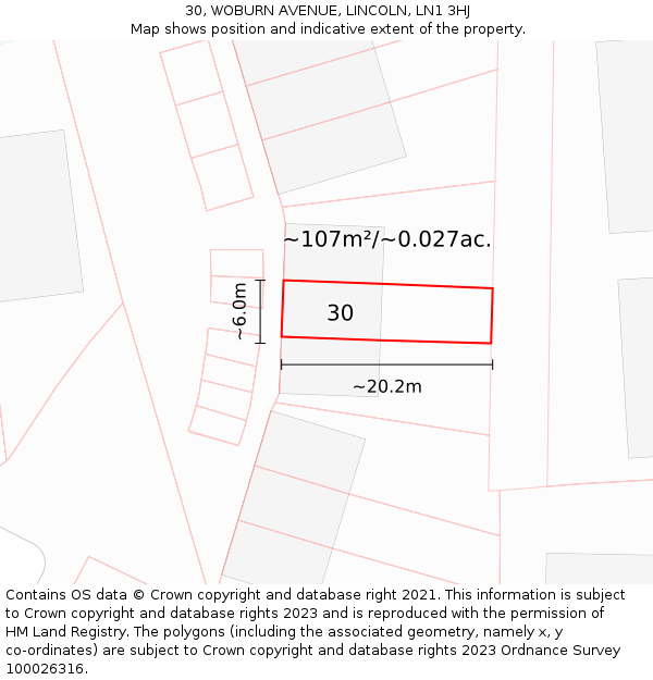 30, WOBURN AVENUE, LINCOLN, LN1 3HJ: Plot and title map