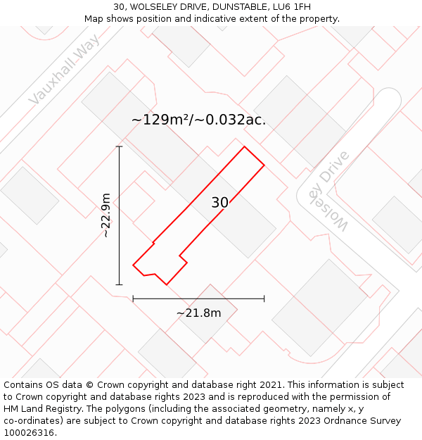 30, WOLSELEY DRIVE, DUNSTABLE, LU6 1FH: Plot and title map
