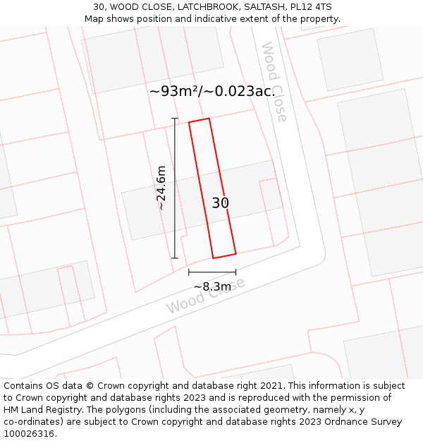 30, WOOD CLOSE, LATCHBROOK, SALTASH, PL12 4TS: Plot and title map
