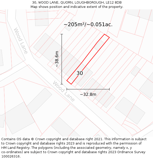 30, WOOD LANE, QUORN, LOUGHBOROUGH, LE12 8DB: Plot and title map