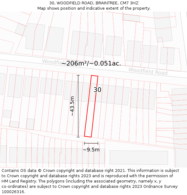 30, WOODFIELD ROAD, BRAINTREE, CM7 3HZ: Plot and title map