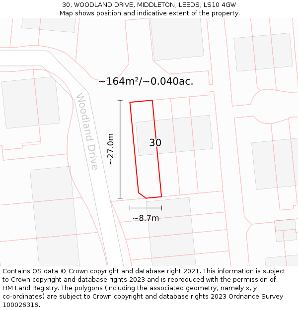 30, WOODLAND DRIVE, MIDDLETON, LEEDS, LS10 4GW: Plot and title map