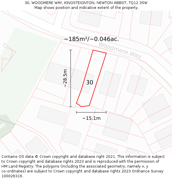 30, WOODMERE WAY, KINGSTEIGNTON, NEWTON ABBOT, TQ12 3SW: Plot and title map