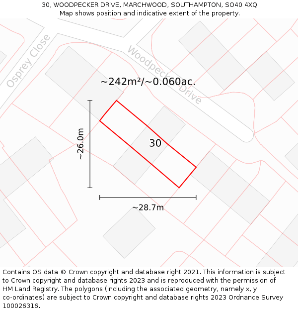 30, WOODPECKER DRIVE, MARCHWOOD, SOUTHAMPTON, SO40 4XQ: Plot and title map