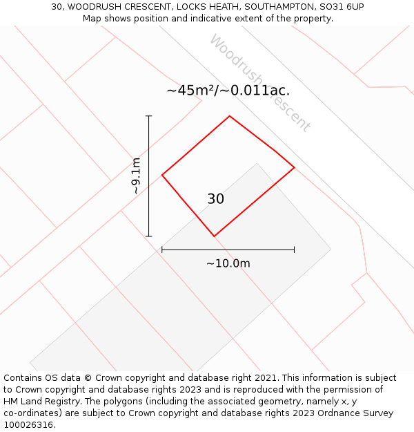 30, WOODRUSH CRESCENT, LOCKS HEATH, SOUTHAMPTON, SO31 6UP: Plot and title map