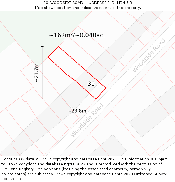 30, WOODSIDE ROAD, HUDDERSFIELD, HD4 5JR: Plot and title map