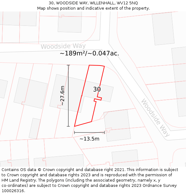 30, WOODSIDE WAY, WILLENHALL, WV12 5NQ: Plot and title map