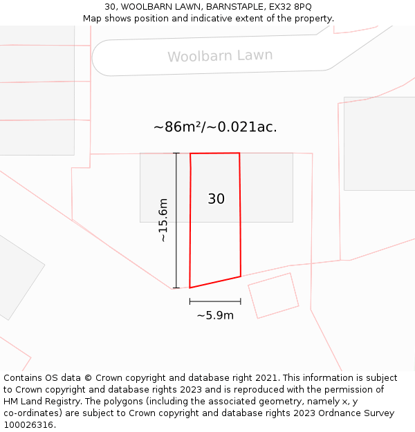 30, WOOLBARN LAWN, BARNSTAPLE, EX32 8PQ: Plot and title map