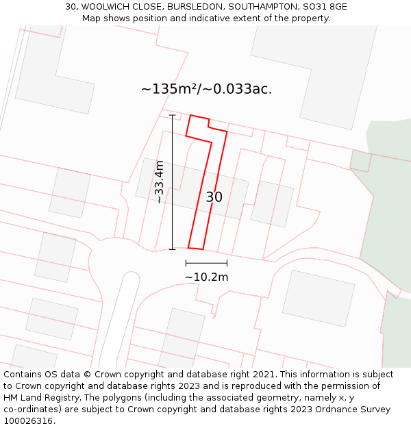 30, WOOLWICH CLOSE, BURSLEDON, SOUTHAMPTON, SO31 8GE: Plot and title map