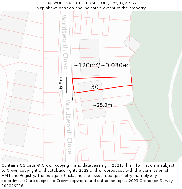 30, WORDSWORTH CLOSE, TORQUAY, TQ2 6EA: Plot and title map