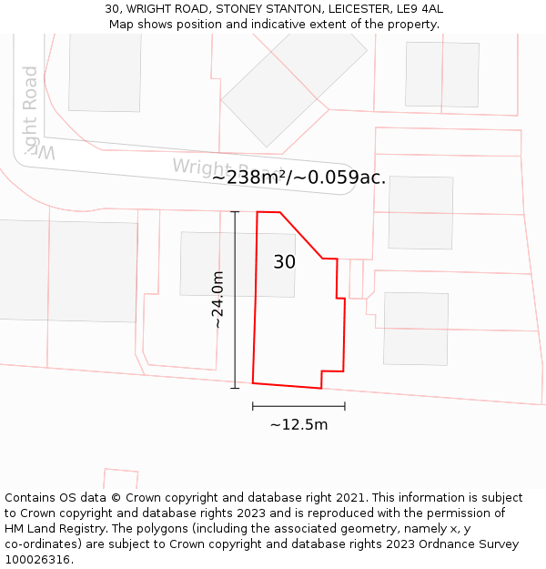 30, WRIGHT ROAD, STONEY STANTON, LEICESTER, LE9 4AL: Plot and title map
