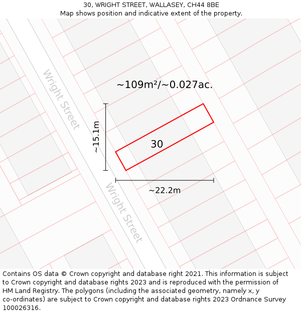 30, WRIGHT STREET, WALLASEY, CH44 8BE: Plot and title map