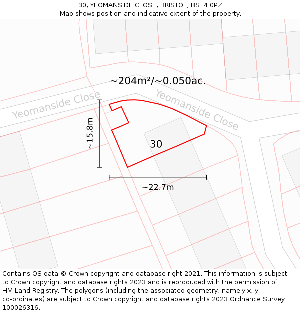 30, YEOMANSIDE CLOSE, BRISTOL, BS14 0PZ: Plot and title map